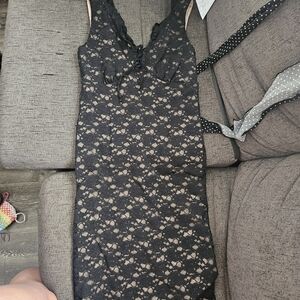 Black Lace Midi Dress with Nude Underlay - Women's Elegant Evening Dress